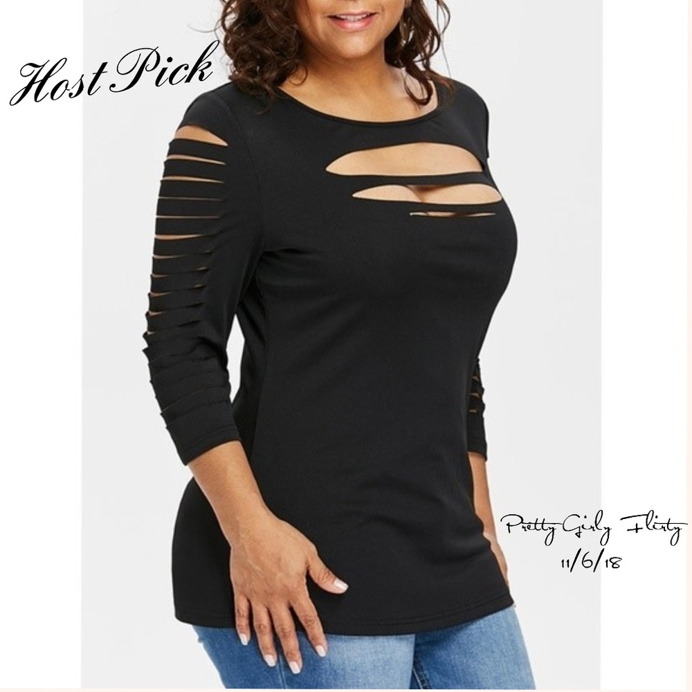☀ Black Plus Size Long Sleeve Shredded Top ☀